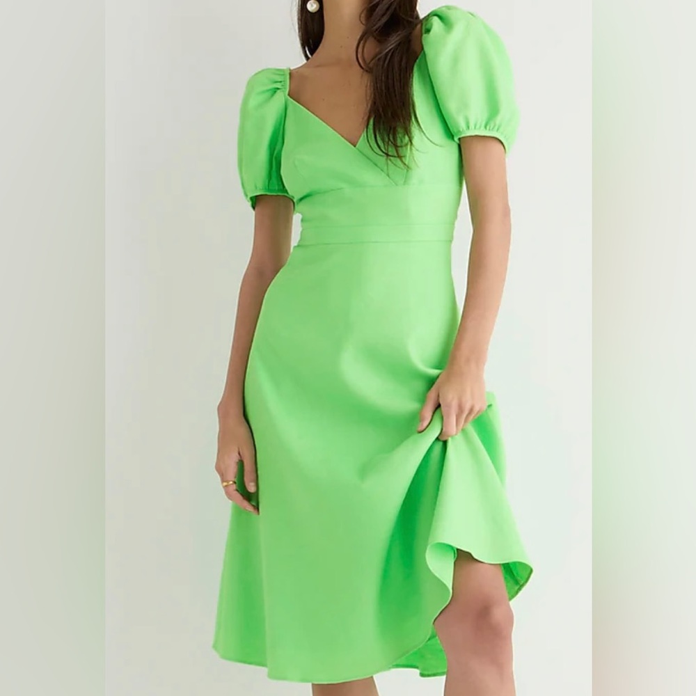JCREW PUFF SLEEVES V NECK MIDI DRESS LINEN